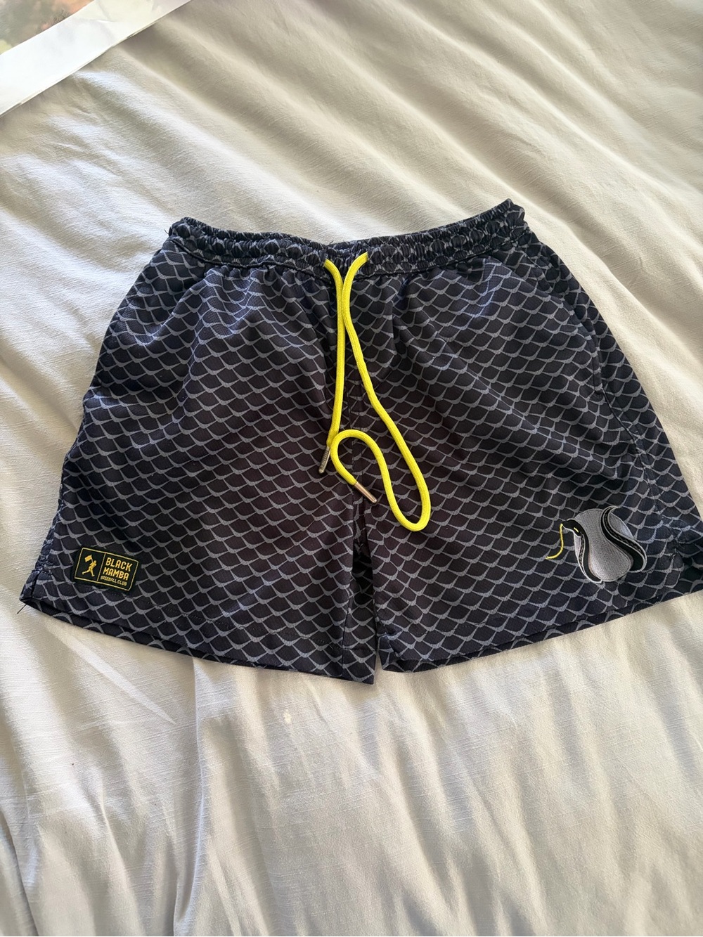 Kids Black Patterned Swim Shorts with Yellow Drawstring